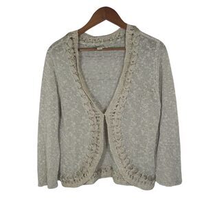 Coldwater Creek Taupe Linen Blend Ribbon Accent Grandma Cardigan Sz Medium